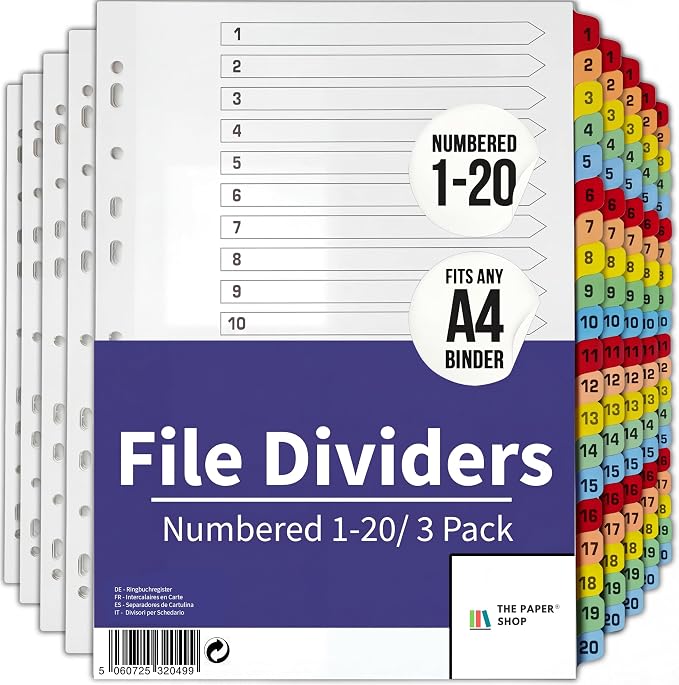Binder Dividers with Tabs 1-20 Numbered – A4 | Dividers by ThePaperShop