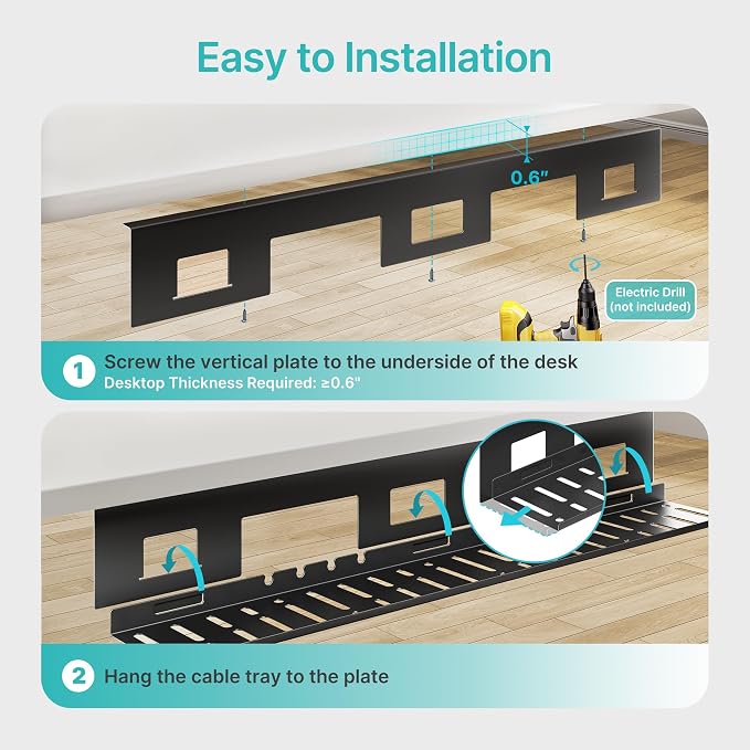 PEGZONE Under Desk Cable Management Tray, 31.5 Inches Metal Cord Organizer Rack - Image 8