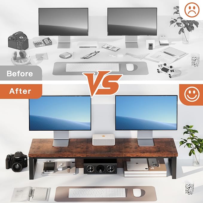 HEWORLIF Dual Monitor Stand Riser, Wood and Steel Monitor Riser, Long Computer - Image 5