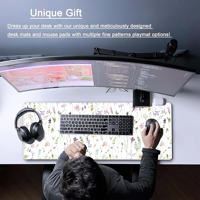 White Floral Desk Mat Cute Flowers Desk Pad Aesthetic Sage Mouse Pad XL Large - Image 2