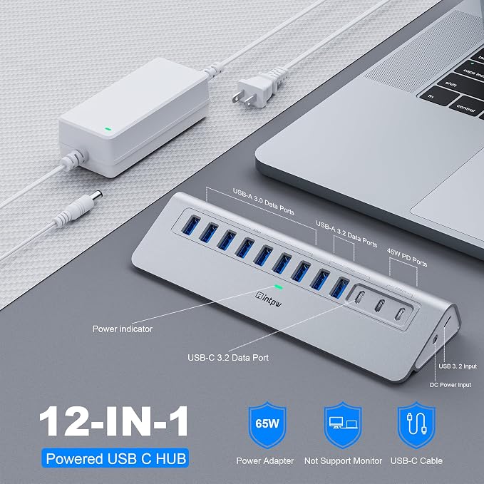 YH9AC Powered USB Hub 10Gbps, intpw 12 Port USB C Hub - Image 2