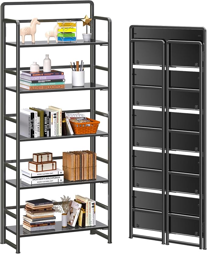 4NM No Assembly 5 Tiers Folding Bookshelf Storage Shelves Vintage Bookcase by 4NM