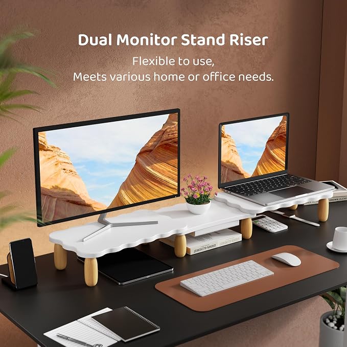 AFOOYO Dual Monitor Riser, Cookie-Shaped Adjustable Length & Swivel Angle - Image 2