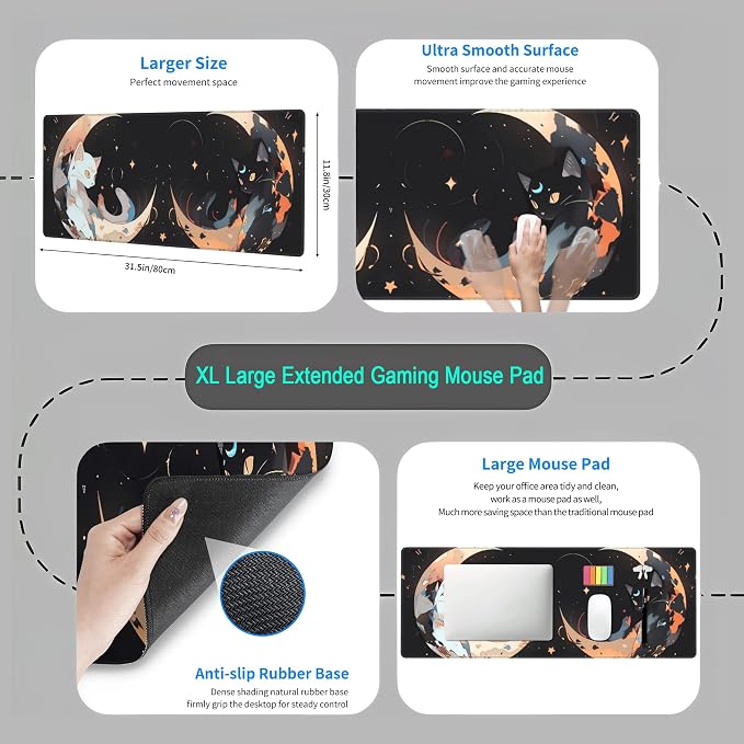 Cute Black White Cats Desk Mat Anime Cat Mouse Pad Kawaii Moon Desk Pad XL - Image 4