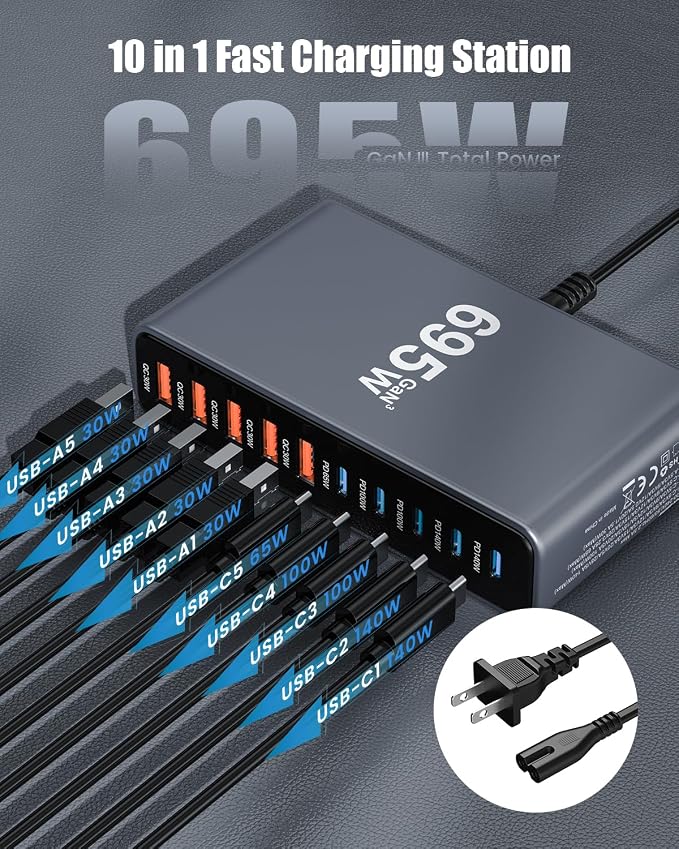 695W USB C Charger Block, 10-Port USB C Charging Station GaN IV Travel - Image 5