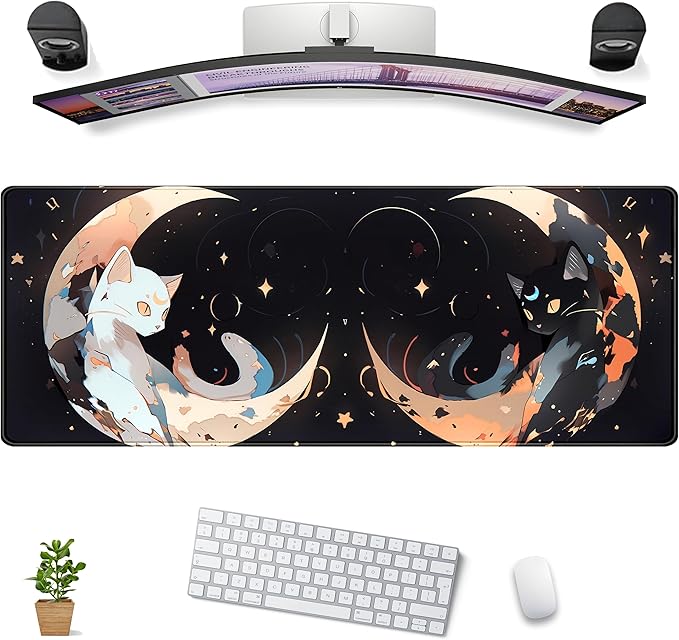 Cute Black White Cats Desk Mat Anime Cat Mouse Pad Kawaii Moon Desk Pad XL by DCJJM