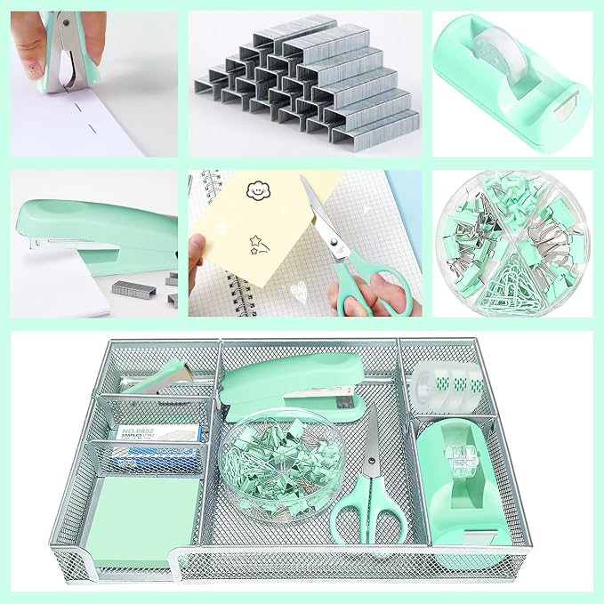 Green Office Desk Accessories, Desk Drawer Organizer, Stapler and Tape - Image 4