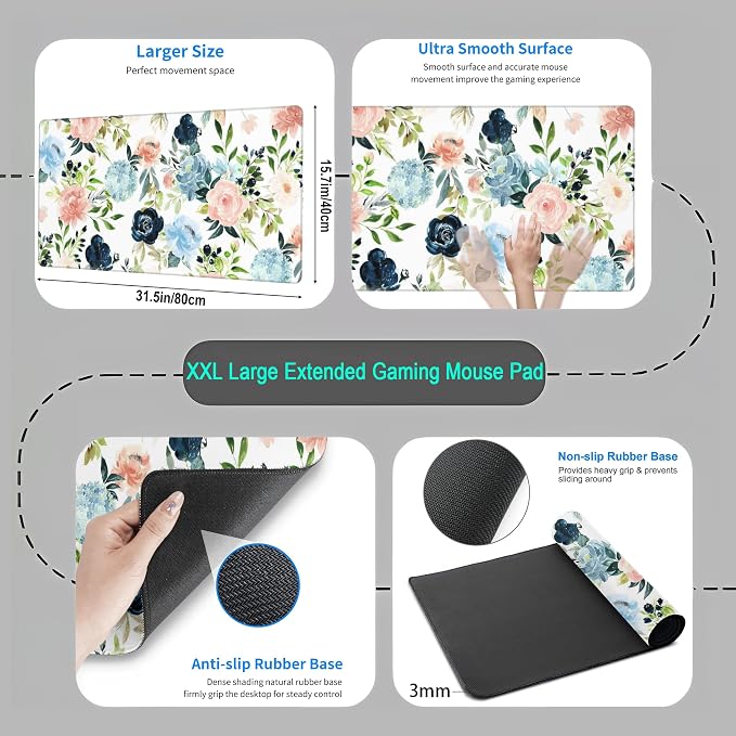 Pink Blue Floral Desk Mat Mousepad Cute Flowers Mouse Pad Gaming XL Large - Image 4