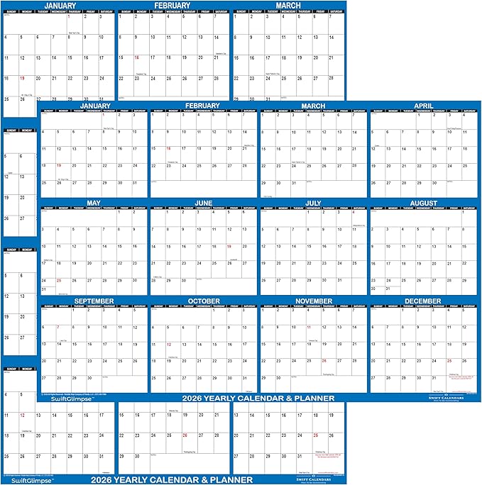 32" x 48" SwiftGlimpse 2026 Wall Calendar Erasable Large XL Wet & Dry Erase by Swiftmaps