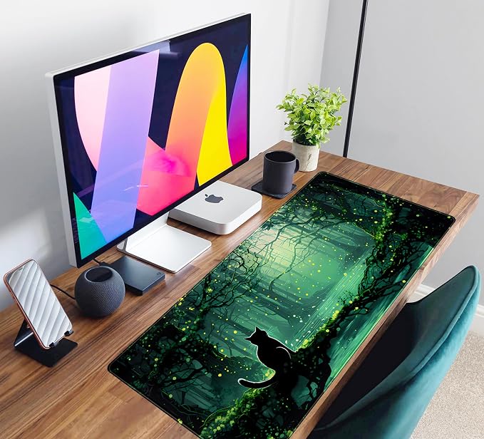 Kawaii Green Forest Desk Pad Mouse Pad Cute Black Cat Desk Mat, XXL Extended - Image 6