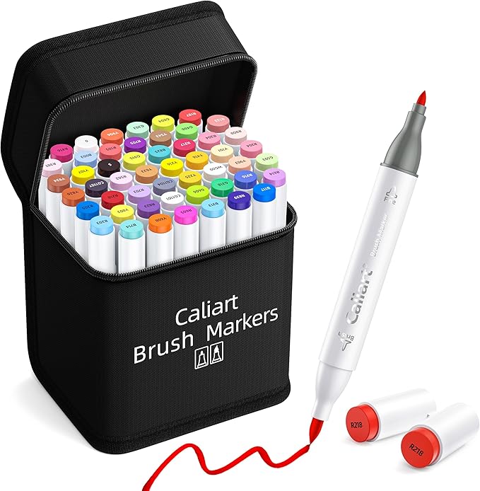 Caliart Alcohol Markers Brush Tip, 51 Colors Dual Tip Artists Coloring Markers by Caliart