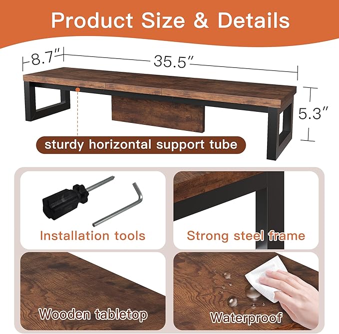 HEWORLIF Dual Monitor Stand Riser, Wood and Steel Monitor Riser, Long Computer - Image 6