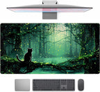 Kawaii Green Forest Desk Pad Mouse Pad Cute Black Cat Desk Mat, XXL Extended by TENG+DA+QING