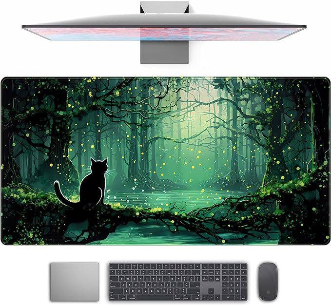 Kawaii Green Forest Desk Pad Mouse Pad Cute Black Cat Desk Mat, XXL Extended by TENG+DA+QING