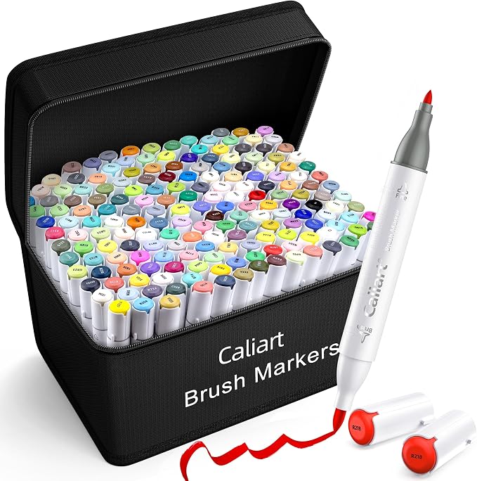 Caliart 180 Colors Alcohol Markers Brush Tip, Dual Tip Artists Coloring Markers by Caliart