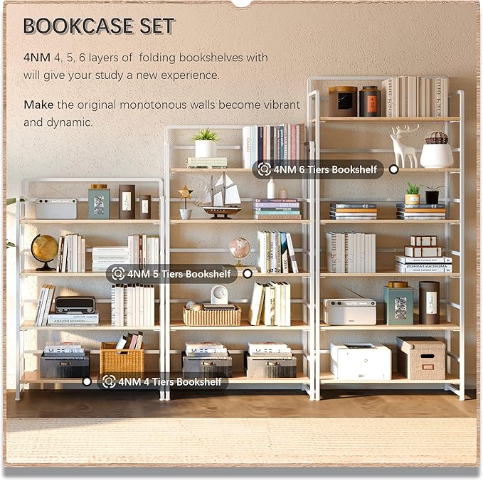 4NM No Assembly Extra Wide 4 Tiers Folding Bookshelf Storage Shelves Vintage - Image 5