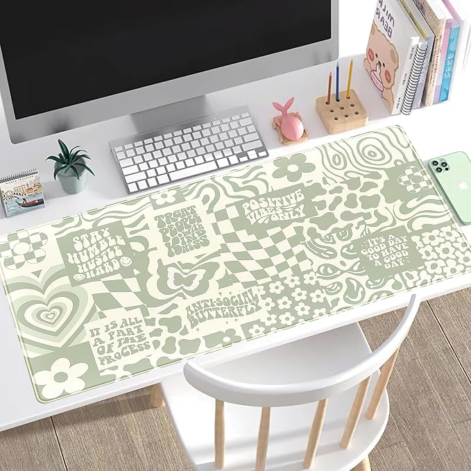 Boho Aesthetic Desk Mat Beige Retro Hippie Boho XXL Large Extended Gaming Green - Image 7