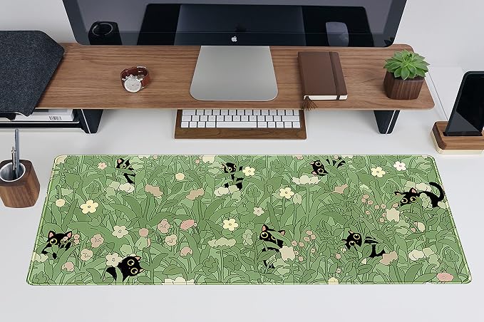 Cute Green Leaves Pink Flowers Mouse Pad Desk Pad Kawaii Anime Cat Desktop - Image 5