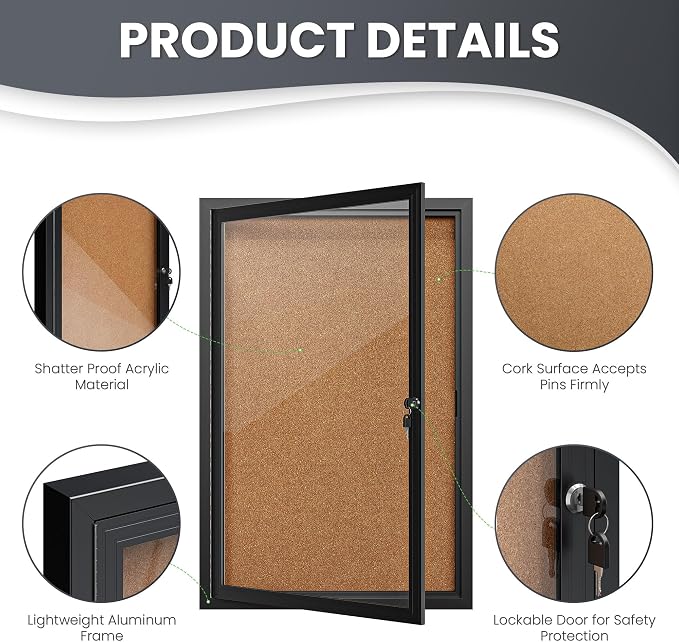 36"x24" Lockable Enclosed Bulletin Board, Outdoor Cork Weather-Resistant - Image 5