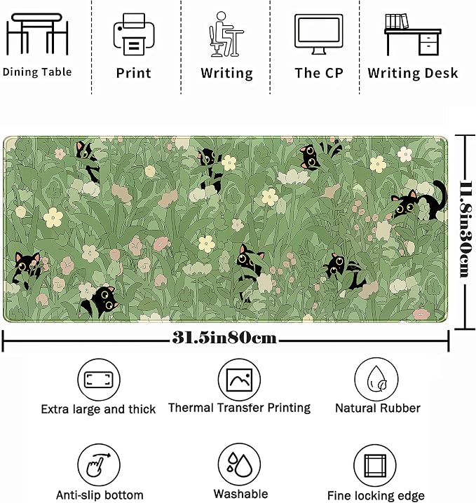 Cute Green Leaves Pink Flowers Mouse Pad Desk Pad Kawaii Anime Cat Desktop - Image 2