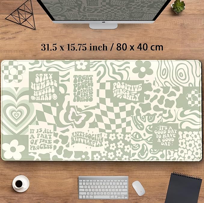 Boho Aesthetic Desk Mat Beige Retro Hippie Boho XXL Large Extended Gaming Green - Image 3