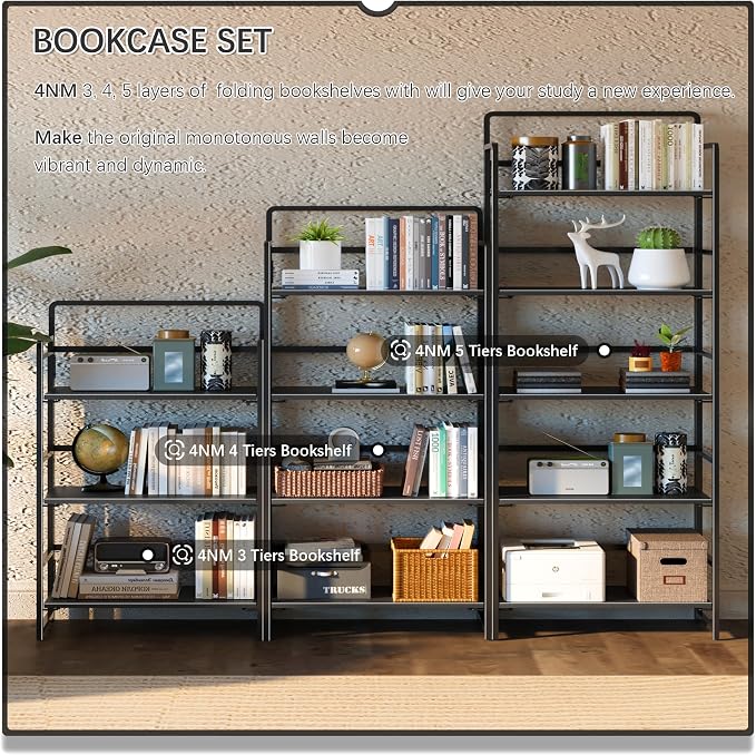 4NM No Assembly 5 Tiers Folding Bookshelf Storage Shelves Vintage Bookcase - Image 5