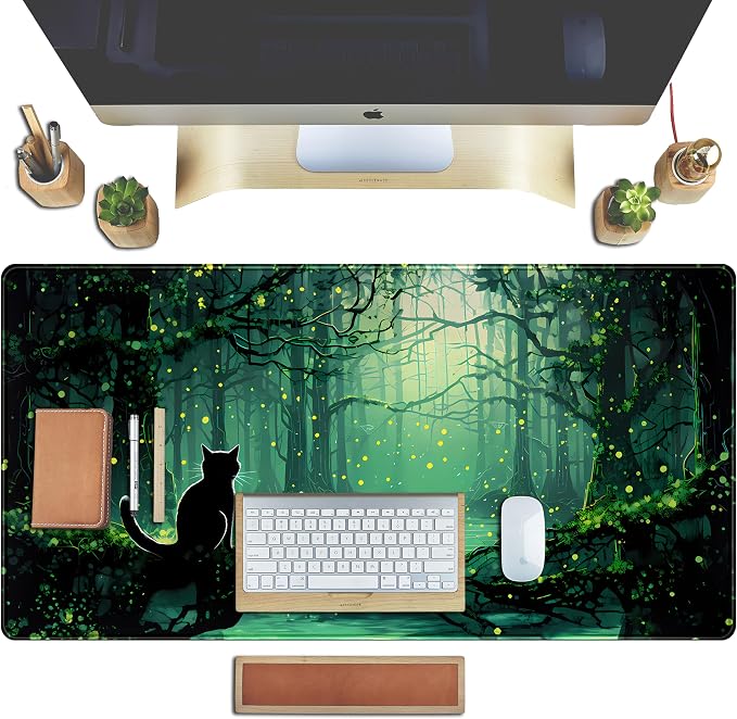 Kawaii Green Forest Desk Pad Mouse Pad Cute Black Cat Desk Mat, XXL Extended - Image 4