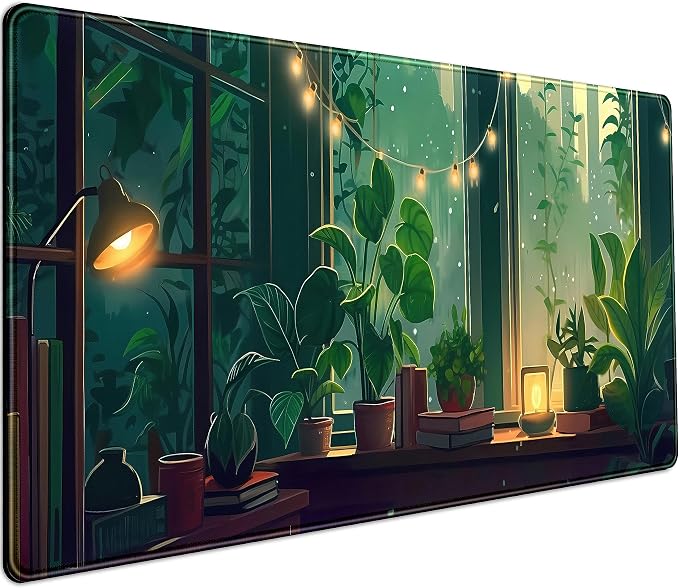 Cute Green Lofi Desk Mat Plants Mouse Pad Anime Forest Aesthetic Nature Desk Pad by DCJJM