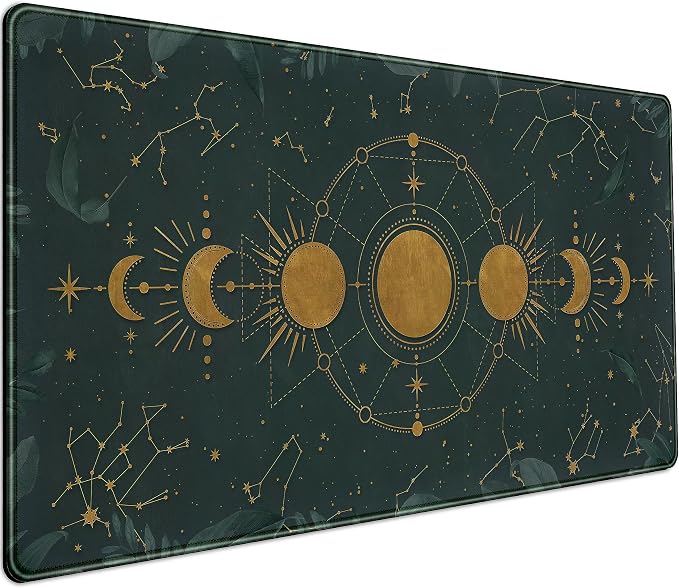 Dark Academia Mousepad Forest Green XXL Desk Mat Gold Moon Phases Large by DCJJM