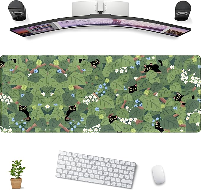 Green Mousepad Desk Mat Cute Anime Black Cat Kawaii Mouse Pad Gaming XL Large by DCJJM