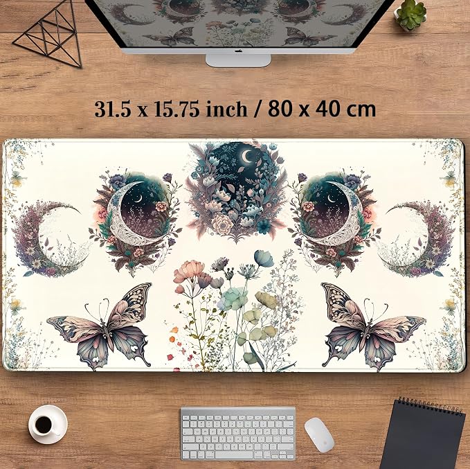 Beige Flowers Desk Mat Mousepad Cute Boho Plants Large Extended Gaming Mouse - Image 3