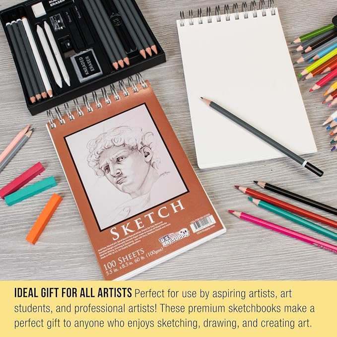 U.S. Art Supply 5.5"x8.5" Top Spiral Bound Sketch Book, 2 Pack, 100 Sheets Each - Image 6