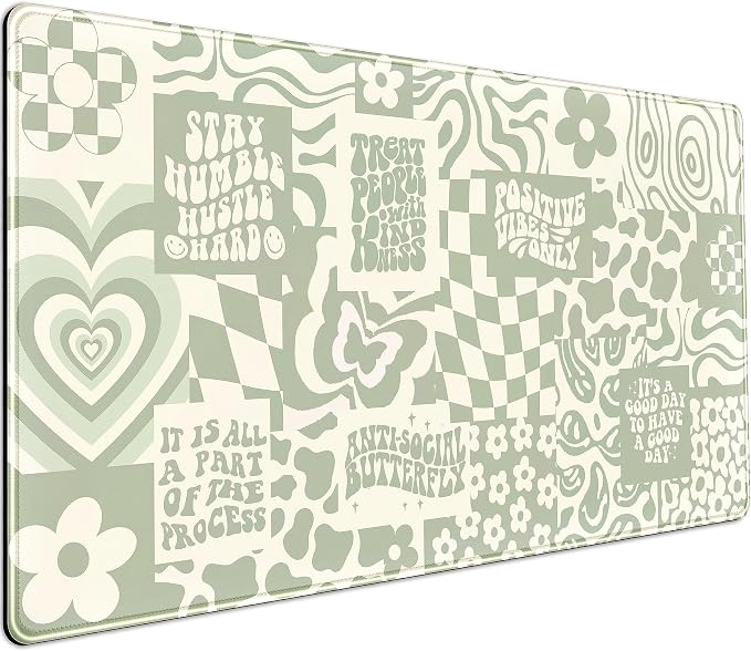 Boho Aesthetic Desk Mat Beige Retro Hippie Boho XXL Large Extended Gaming Green by DCJJM