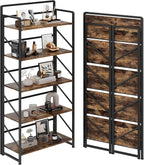 JSB Folding Bookshelf, Industrial Storage Shelves, No Assembly Vintage Wood by HomeFurniture