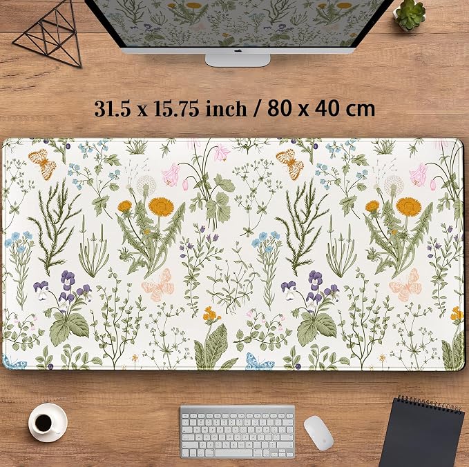Cute Flowers Desk Mat Pressed Dried Floral Mouse Pad Neutral Beige Sage Green - Image 3