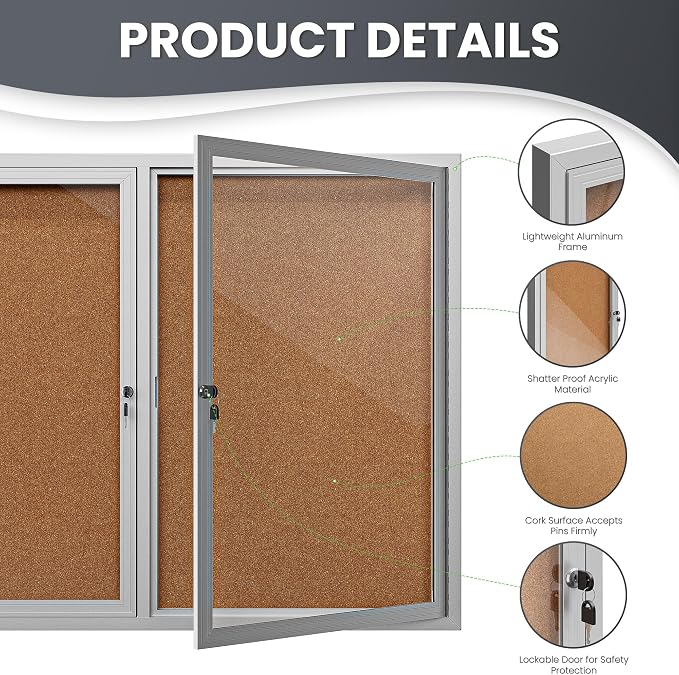 72"x36" Lockable Enclosed Bulletin Board, Outdoor Cork Weather-Resistant - Image 5