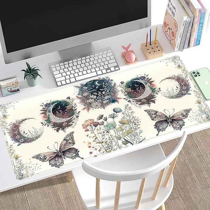 Beige Flowers Desk Mat Mousepad Cute Boho Plants Large Extended Gaming Mouse - Image 5