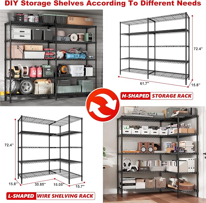 5 Tier Storage Shelves Metal Shelving Unit Load 1500LBS, Adjustable Wire - Image 3