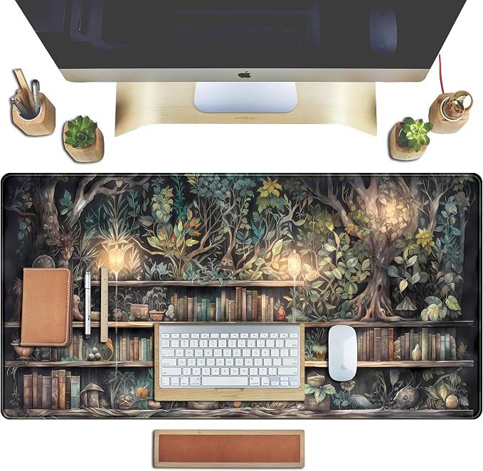 Forest Library Book Mouse Pad Desk Mat, Mystical Green Tree House XXL Extended - Image 4