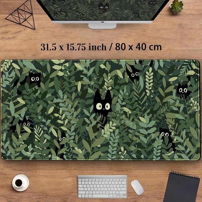 Cute Anime Cats Desk Mat Green Leaves Kawaii Mousepad XXL Extended Large Gaming - Image 3
