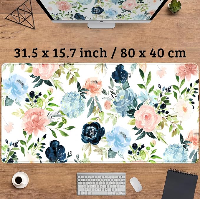 Pink Blue Floral Desk Mat Mousepad Cute Flowers Mouse Pad Gaming XL Large - Image 3