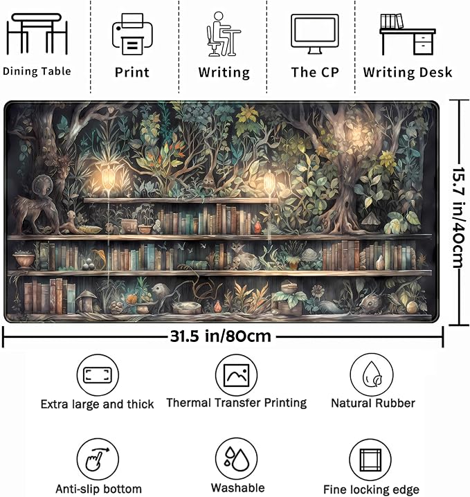 Forest Library Book Mouse Pad Desk Mat, Mystical Green Tree House XXL Extended - Image 2