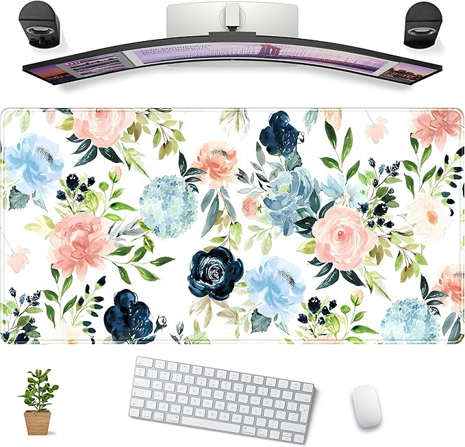 Pink Blue Floral Desk Mat Mousepad Cute Flowers Mouse Pad Gaming XL Large by DCJJM