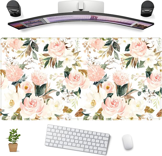 Desk Mat Pink Floral Desk Pad Cute Flowers Mouse Pad Gaming XL Large Mousepad by DCJJM