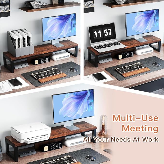 HEWORLIF Dual Monitor Stand Riser, Wood and Steel Monitor Riser, Long Computer - Image 3