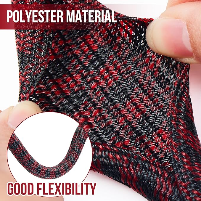 QCSIW Split Cable Sleeve, 3/4" 25ft Black Red Braided Wire Loom - Image 2