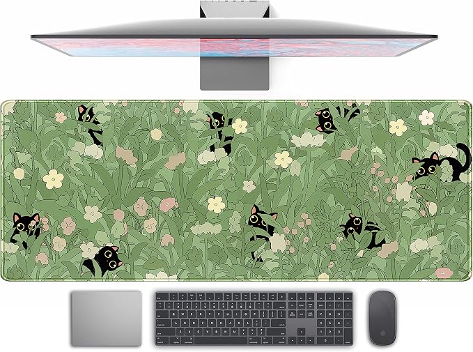 Cute Green Leaves Pink Flowers Mouse Pad Desk Pad Kawaii Anime Cat Desktop by TENG+DA+QING