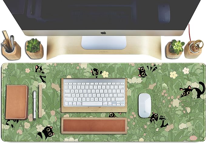 Cute Green Leaves Pink Flowers Mouse Pad Desk Pad Kawaii Anime Cat Desktop - Image 4