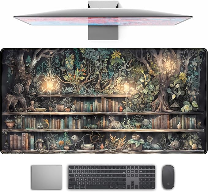 Forest Library Book Mouse Pad Desk Mat, Mystical Green Tree House XXL Extended by TENG+DA+QING