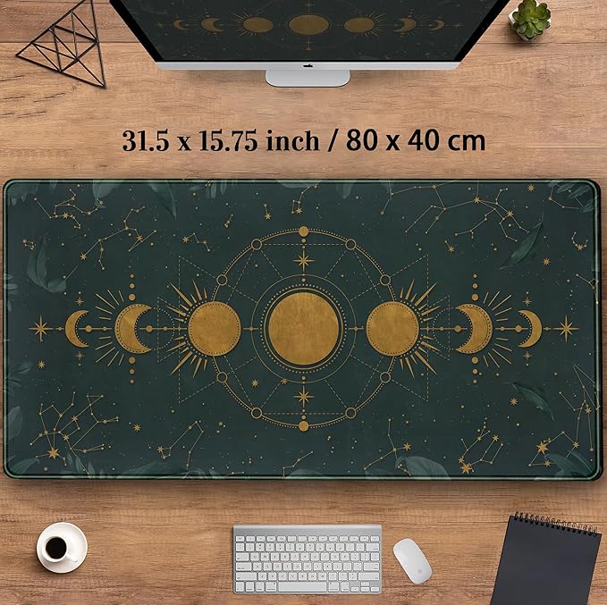 Dark Academia Mousepad Forest Green XXL Desk Mat Gold Moon Phases Large - Image 3